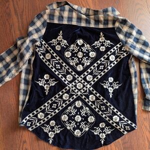 Papparazzi Vintage Navy blue Beige Plaid Mixed Velvet Flannel Shirt Grunge Festi